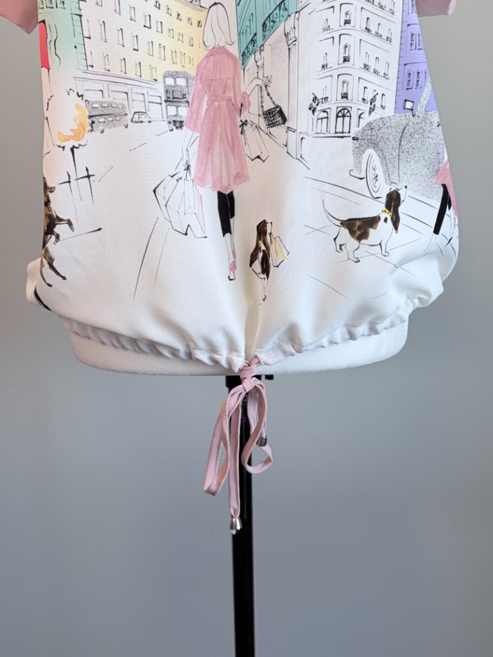 Aras Paris City Print Blouse Art Deco Collared Novelty Art White Pink Size 40 - Picture 6 of 13